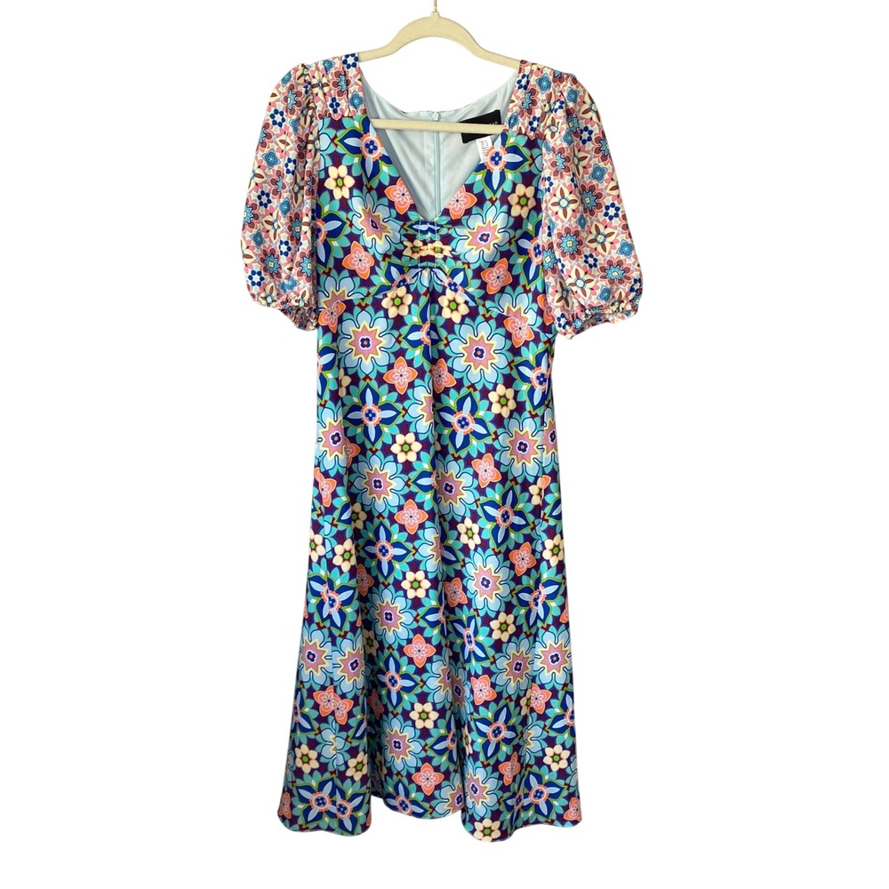 Donna Morgan Floral Kaleidoscope Puff Sleeve V-Neck Midi Dress Blue Orange 8